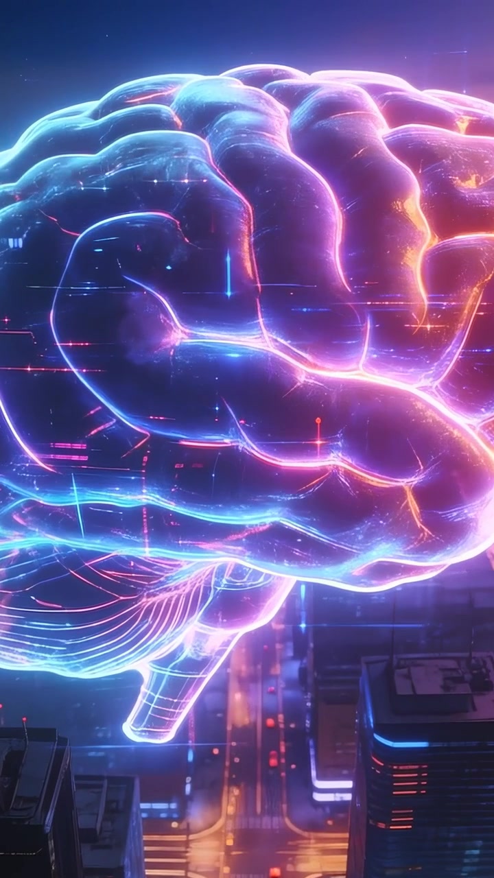 Vertical video: Rotating hologram brain pulsing above city intersection on signal mapping traffic