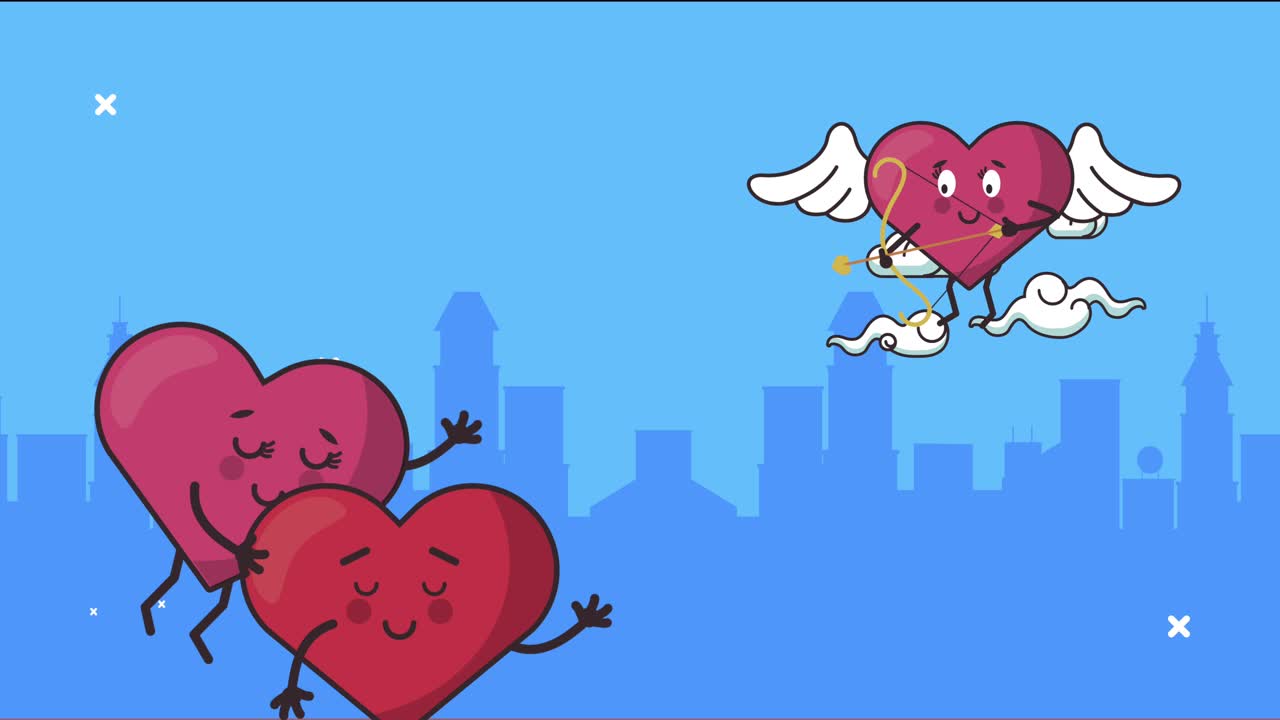 행복한 발렌타인 데이 카드와 심장 그룹 도시