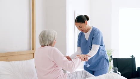 Old-woman,-lifting-or-nurse-in-nursing-home-to