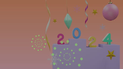 animación de fuegos artificiales sobre texto de 2024 y decoraciones en fondo naranja.