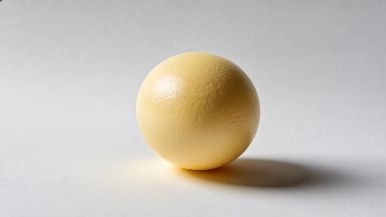 Rolling pale-yellow egg after light shift, showing shadow, shiny sheen and dimples on white table