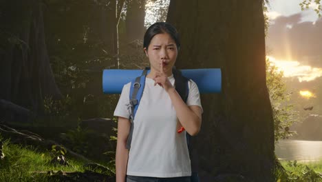 asian female hiker with mountaineering backpack looking at camera and making shh gesture while exploring forest nature