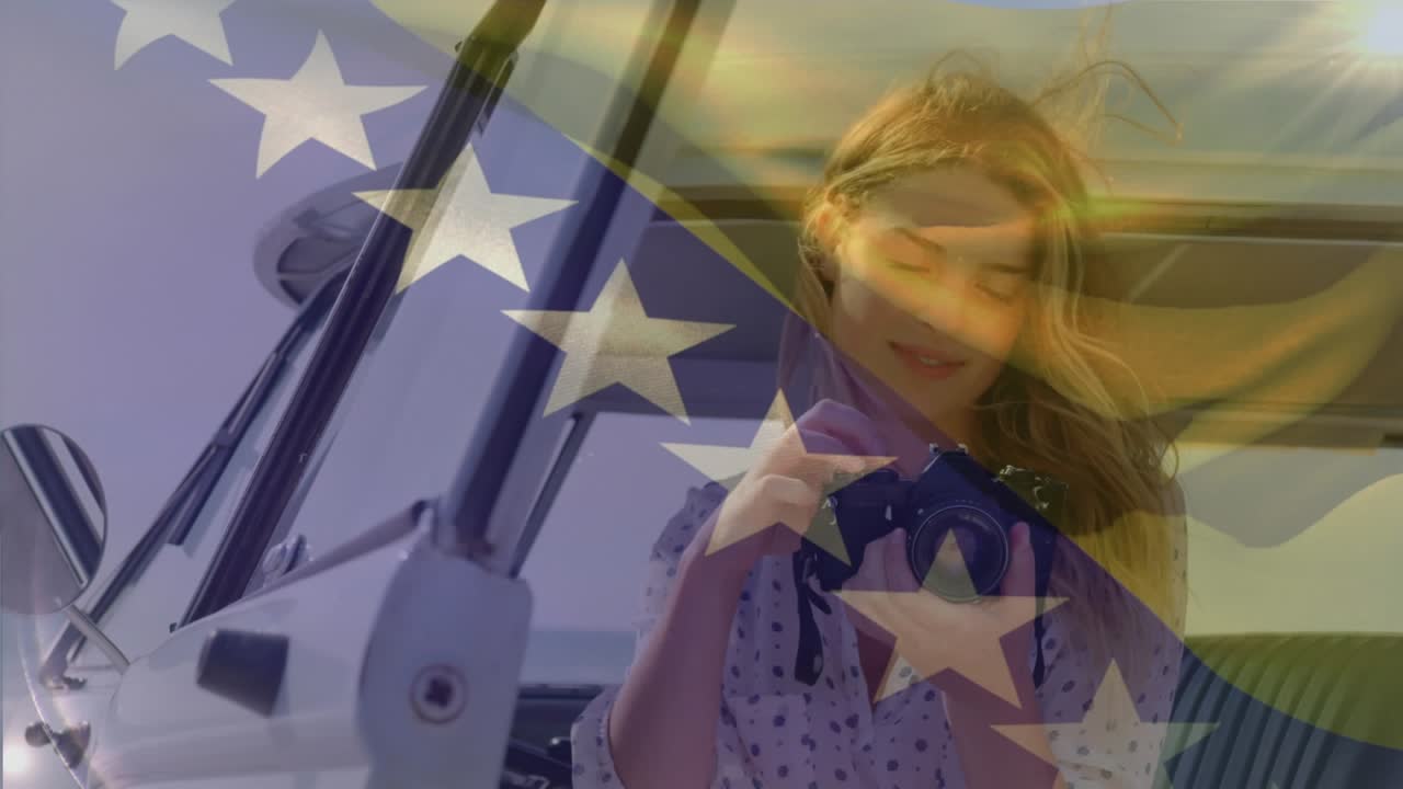 Animação da bandeira da Bósnia e Herzegovina sobre mulher caucasiana com câmera