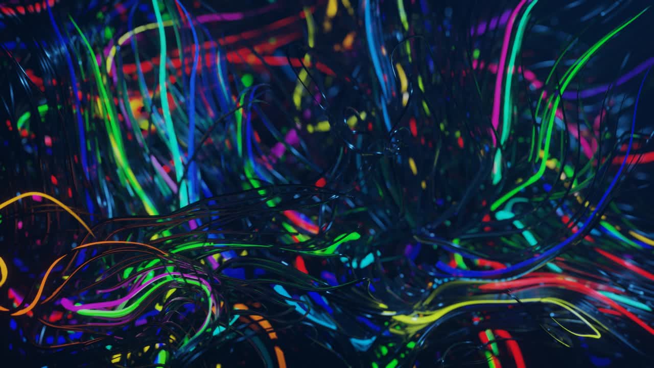 rizos vivos bajo el agua como pelaje, hilos o cabellos multicolores. efectos de niebla y dof bokeh. fondo misterioso con líneas curvas vivas, primer plano. 4k bucle sin costuras bg. luces volumétricas