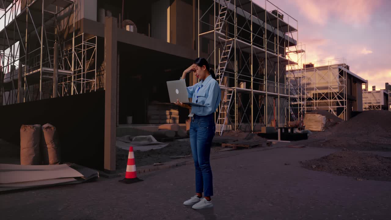 Full Body Side View Of Asian Female With Her Laptop At Construction Site in Progress to New House, Typing And Dissapionted With Nodding Her Shead