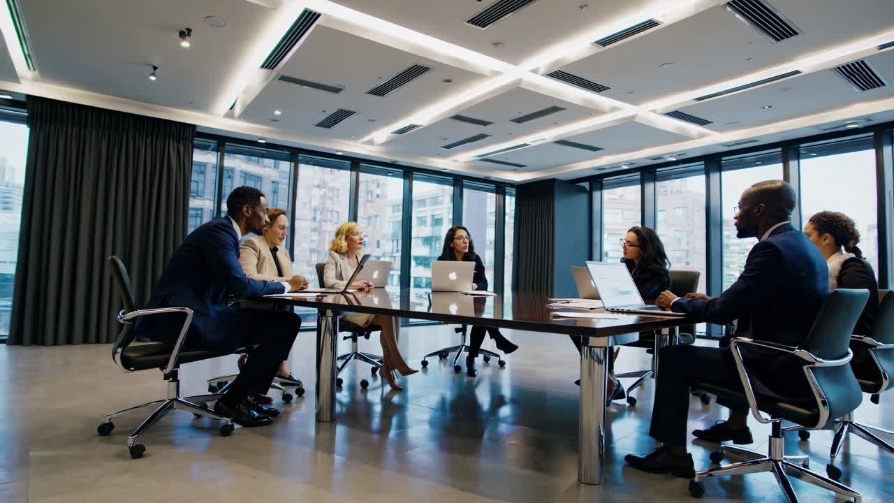 Wide-angle video shot of a modern conference room with professionals discussing at a table, large