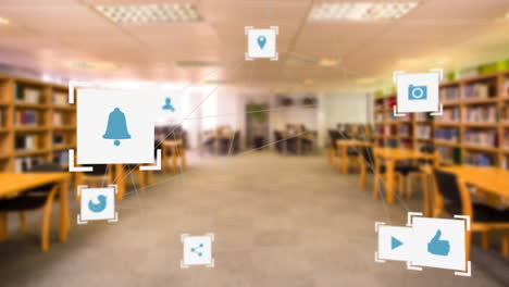 animación de iconos digitales sobre la biblioteca de la escuela vacía.