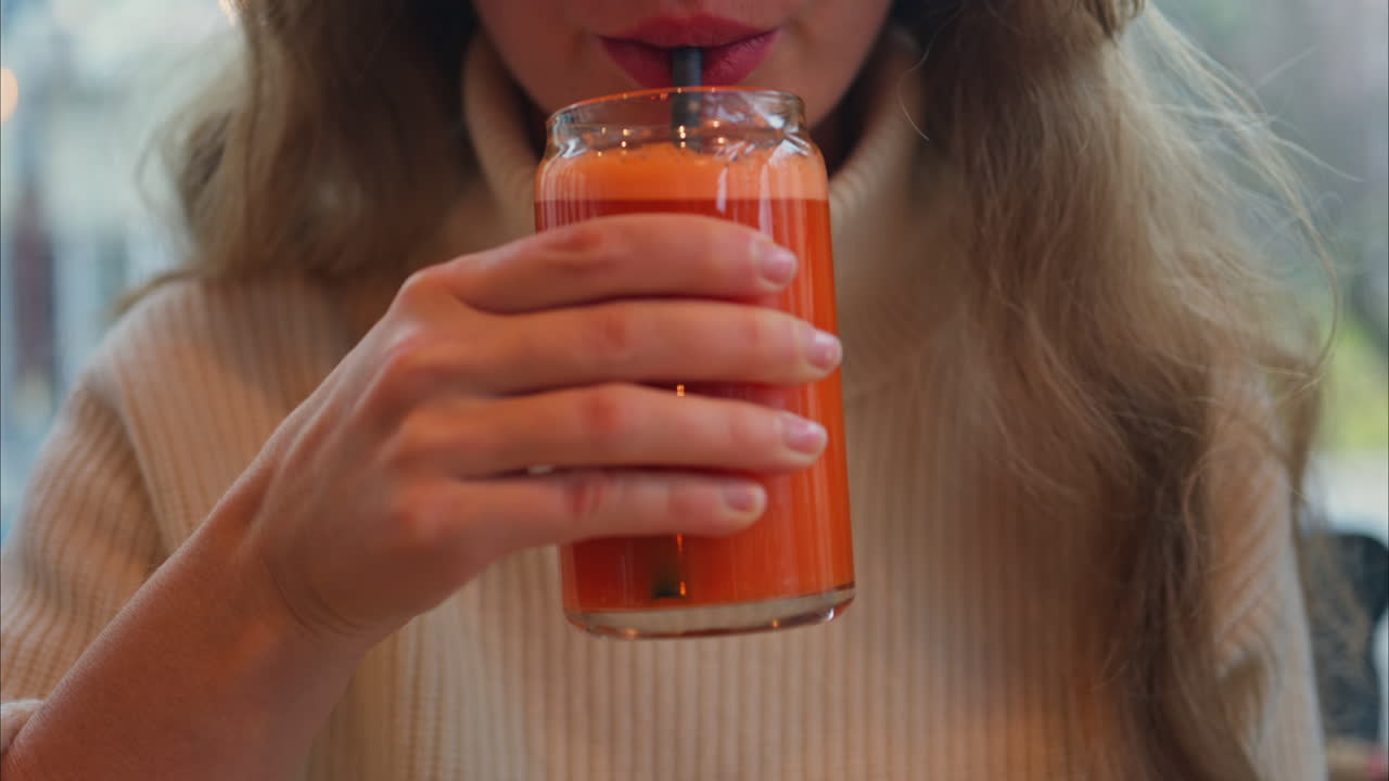 Close up of a woman drinking an orange and carrot juice in a glass with a black straw on a wooden table