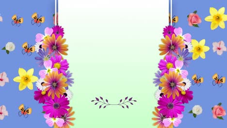 Animation-of-flowers-and-floral-pattern-with-copy-space-on-green-background