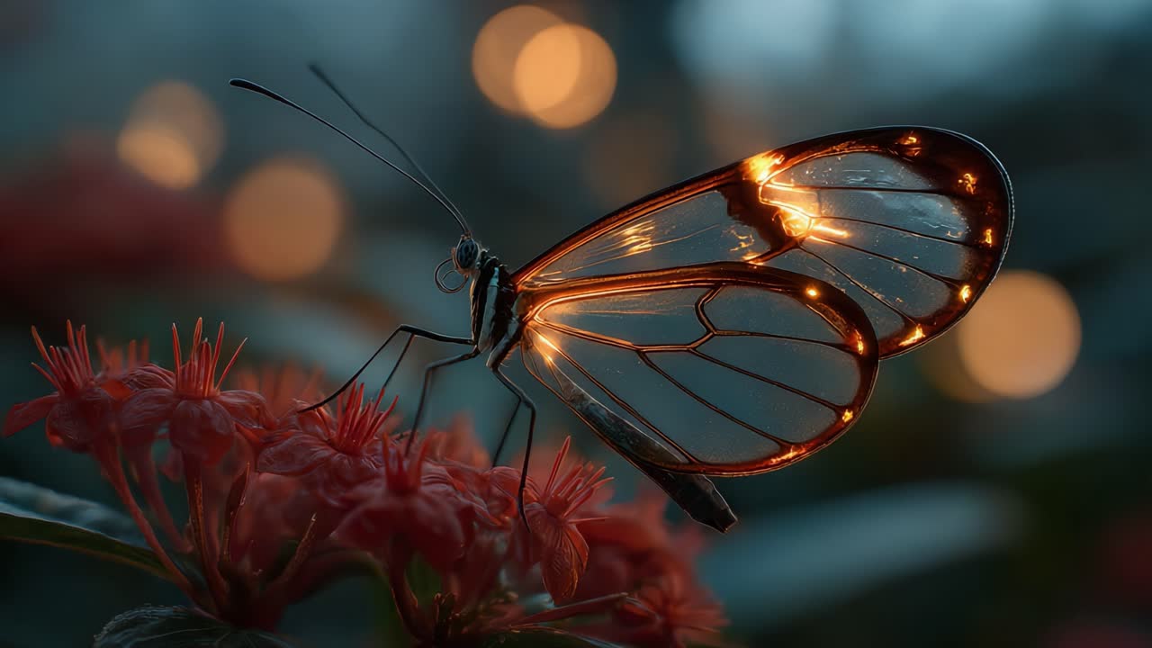 A Stunning Close-Up of a Glasswing Butterfly Perched Elegantly on Vibrant Red Flowers, Bathed in the Soft Glow of Twilight's Enchanting Light