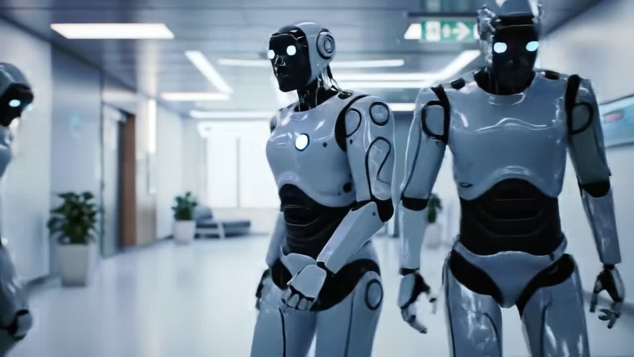A group of advanced humanoid robots navigates a sleek, high-tech corridor, showcasing innovative robotic designs and interactions within a futuristic environment