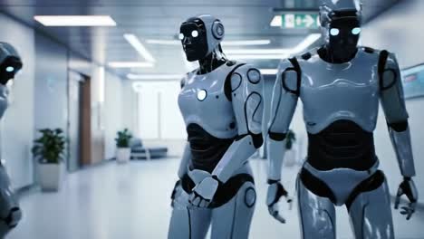 a group of advanced humanoid robots navigates a sleek, high-tech corridor, showcasing innovative robotic designs and interactions within a futuristic environment