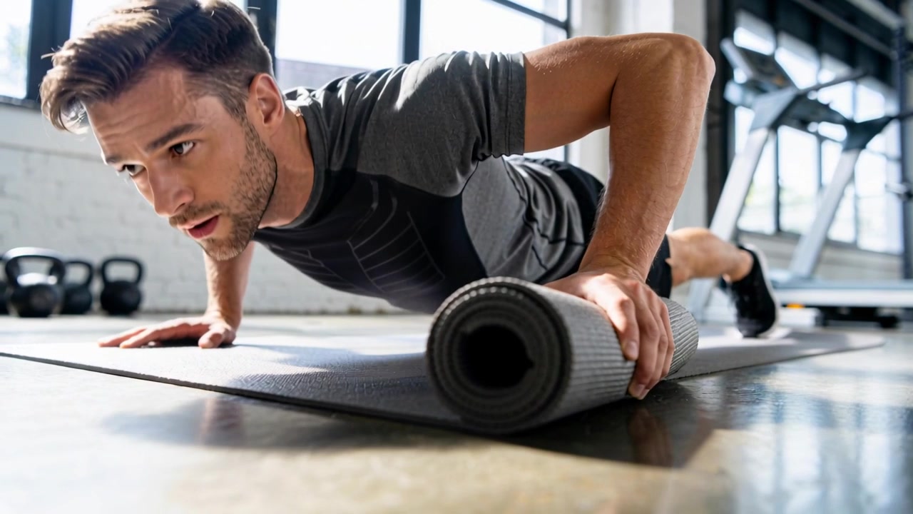 Gripping rolled mat, athletic man in grey shirt and dark shorts bracing for push-up at gym