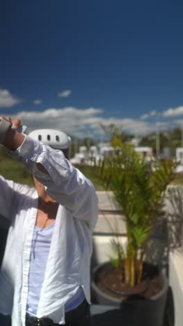 woman experiencing virtual reality outdoors