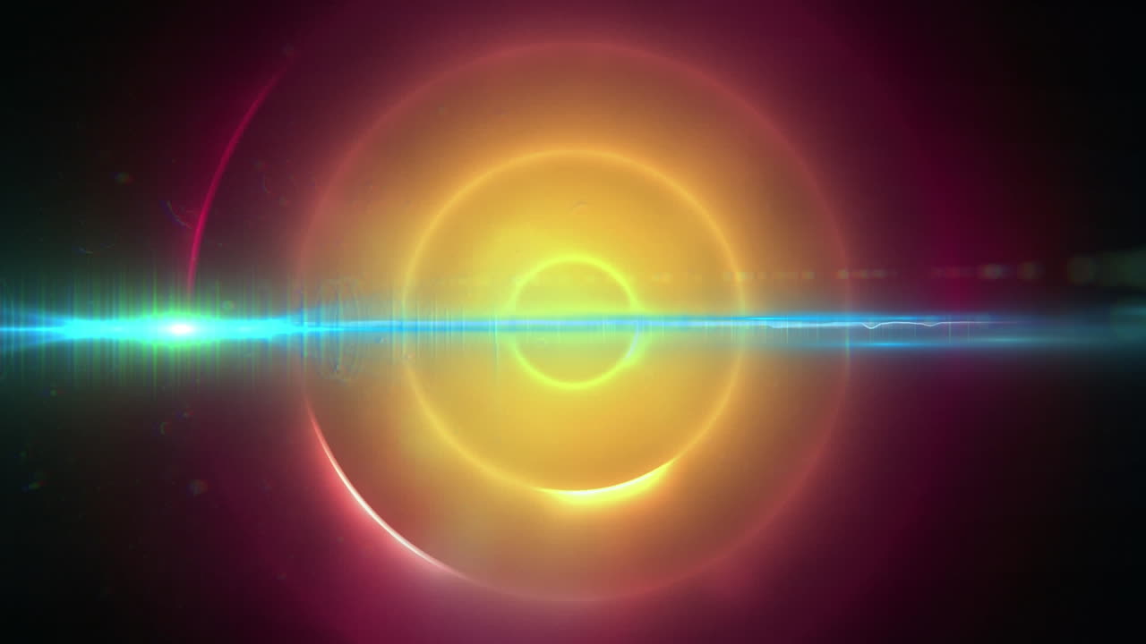 Digital animation of blue light trail against yellow spiral light trails on pink background