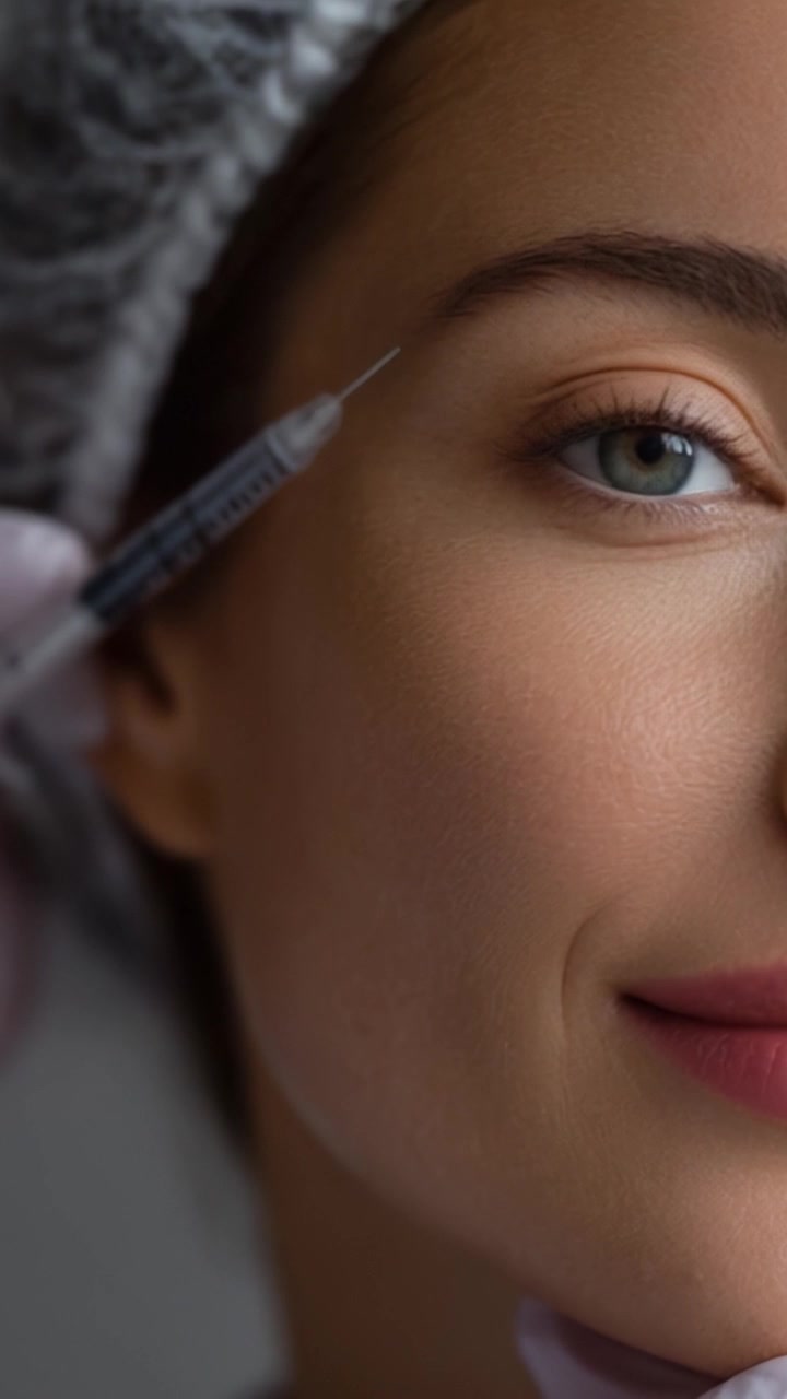Procedura di trattamento estetico: Primo piano del viso di una donna pronta a ricevere un'iniezione cosmetica, con focus sull'occhio e sulla pelle morbida durante una sessione di miglioramento estetico.