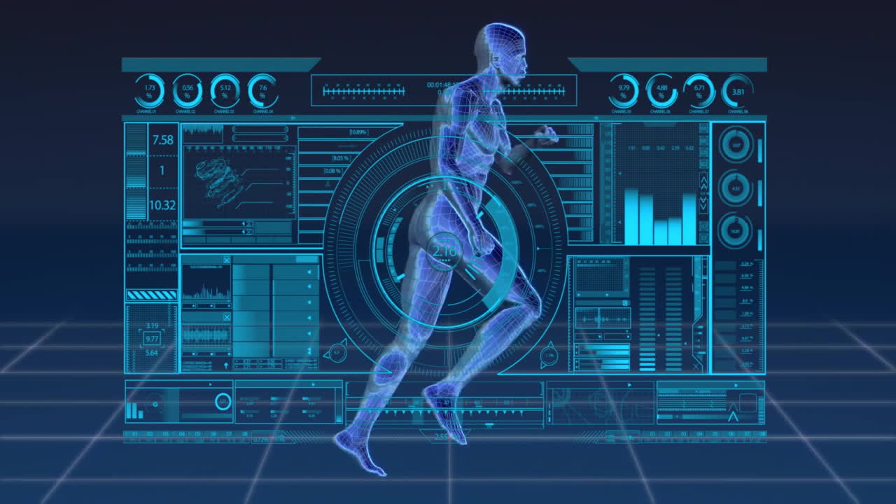 Running human figure animation over futuristic digital interface with data charts