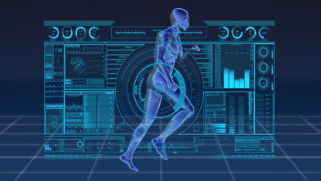 running human figure animation over futuristic digital interface with data charts