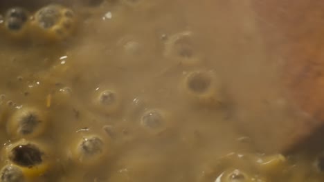 green boiling sauce with chicken texture close-up macro. cooking green chicken curry with spices by wooden spoon at home.