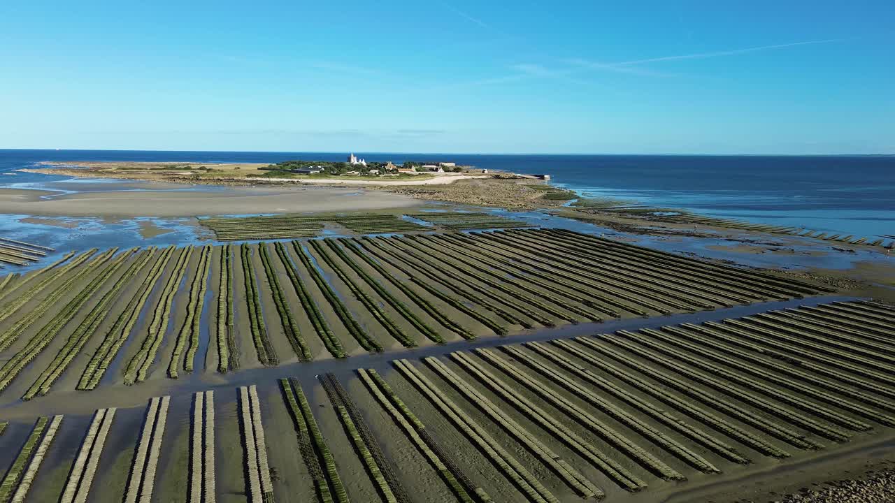Drone footage captures Tatihou Island bathed in sunlight, surrounded by turquoise waters, with an expansive view of the huge oyster farms lining the shore