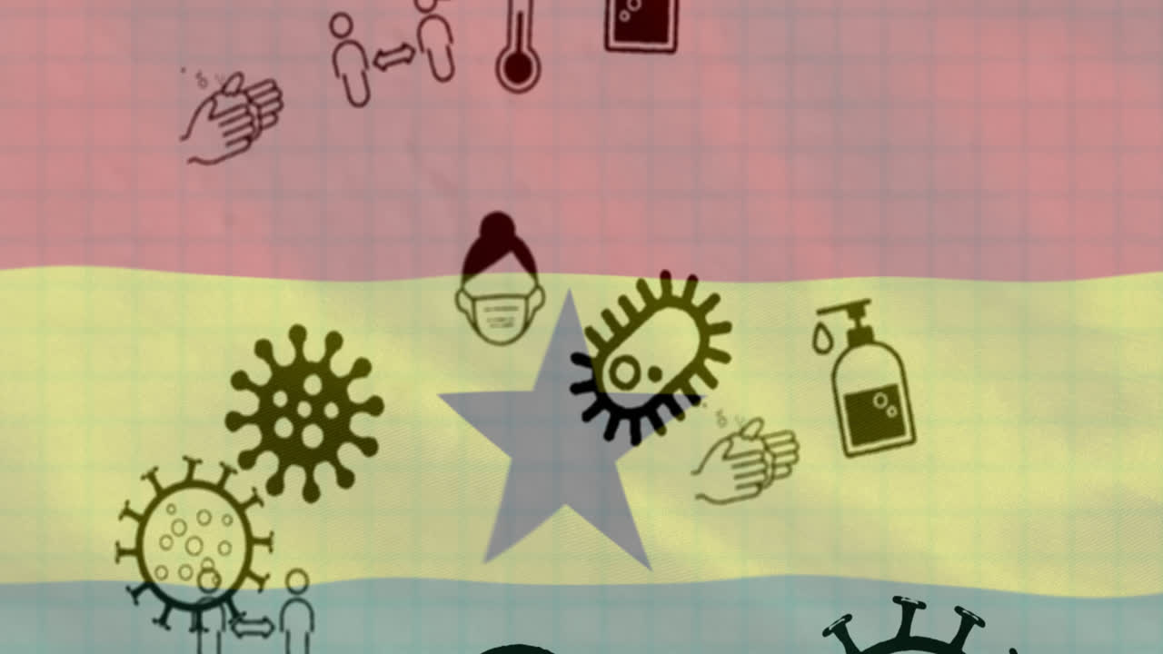 animación de células del virus covid-19 e iconos digitales sobre la bandera de ghana