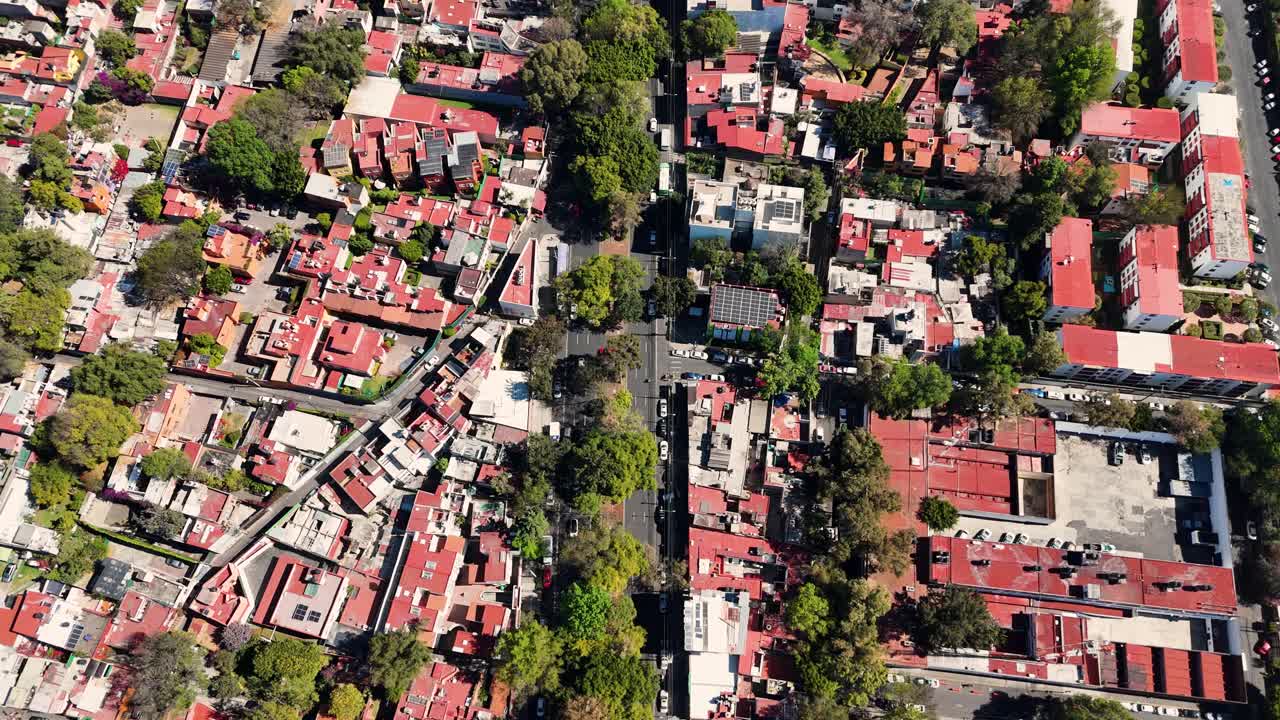 Drone shot of the rooftops and homes in Coyoacan, Mexico City