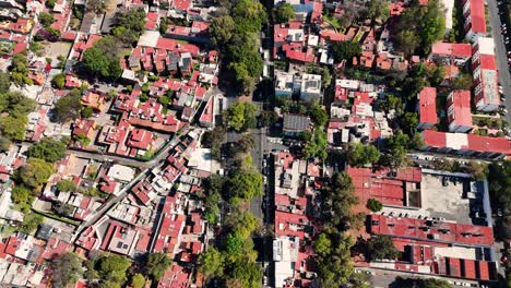 Drone shot of the rooftops and homes in Coyoacan, Mexico City