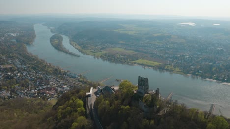 Drone---Aerial-shot-of-the-Drachenfels-and-the-river-rhine-Siebengebirge-near-Bonn---Königswinter