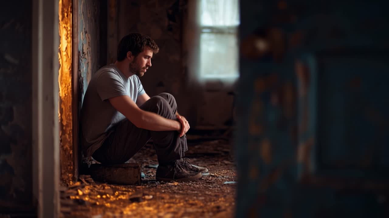 Un uomo siede solo, perso nei suoi pensieri. La luce proietta ombre nella sua stanza usurata e impolverata. Guarda in basso, le spalle curve, un dolore silenzioso. Il suo sguardo segue la finestra lontana, suggerendo solitudine.
