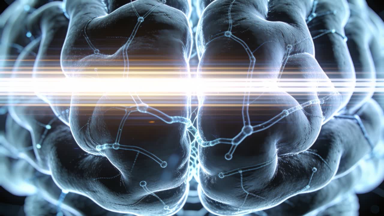 3D brain model receiving downward scan band, circuit traces pulsing to show neural signals for tech
