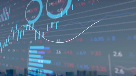 Animation-of-stock-market-and-diagrams-over-cityscape