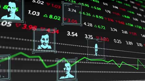 Digital-animation-of-multiple-profile-icons-over-stock-market-data-processing-on-black-background