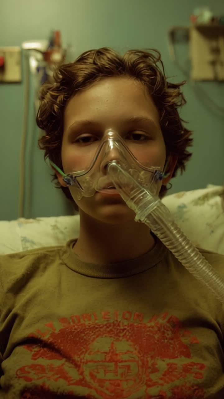 Un giovane ragazzo che indossa una maschera respiratoria mostra resilienza in un ambiente ospedaliero, incarnando la forza della gioventù nell'affrontare direttamente le sfide sanitarie mentre riceve cure mediche.