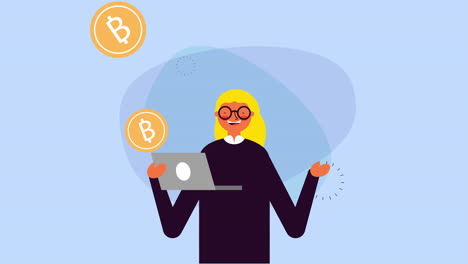 joven mujer de negocios con portátil y bitcoin