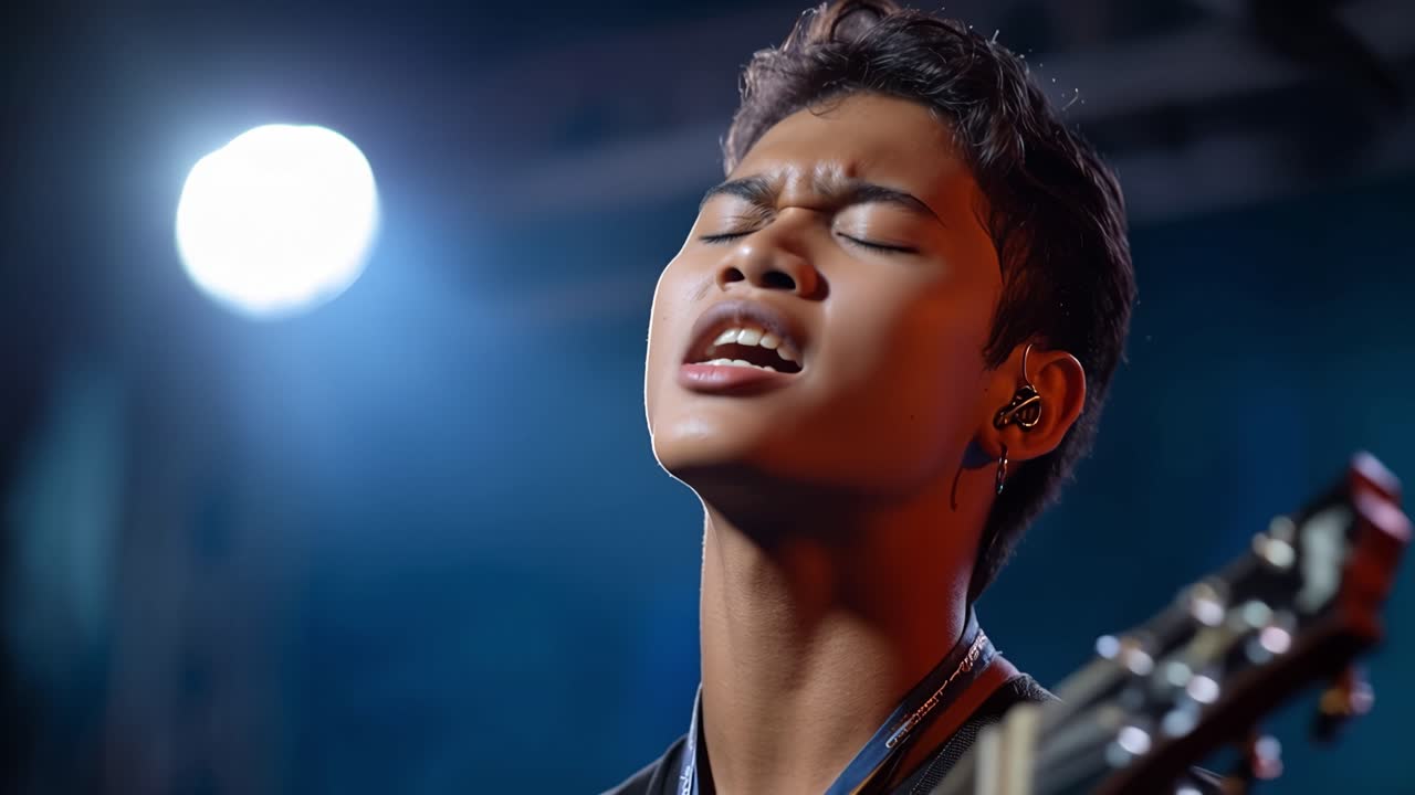 Ung mann som synger lidenskapelig og spiller gitar på scenen
