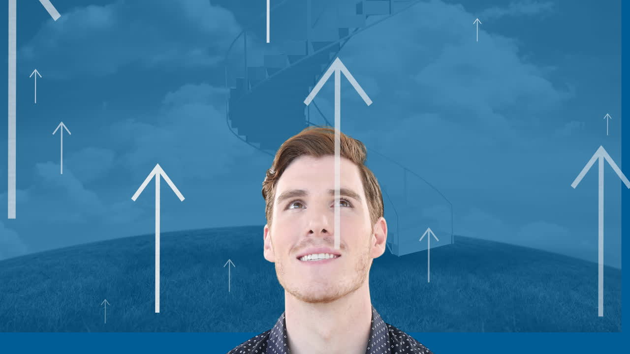 animación de iconos de flecha sobre el hombre caucásico sobre fondo azul