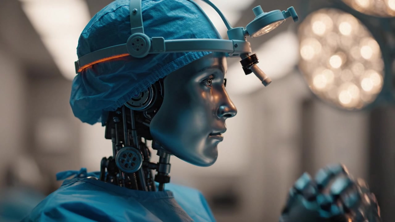 A highly detailed humanoid robot prepares for an intricate surgical procedure in a brightly lit operating room, showcasing advanced technologies in robotic healthcare.