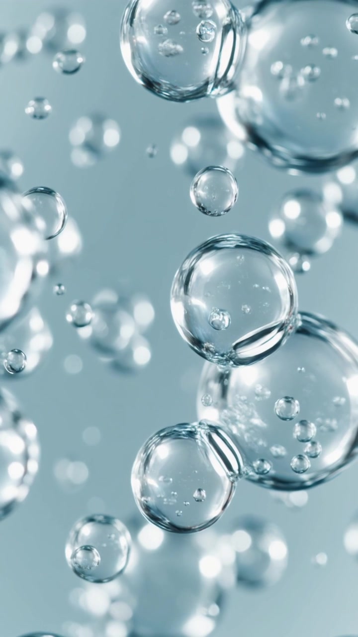Primer plano de burbujas de suero cosmético transparente flotando dinámicamente en un estudio brillante
