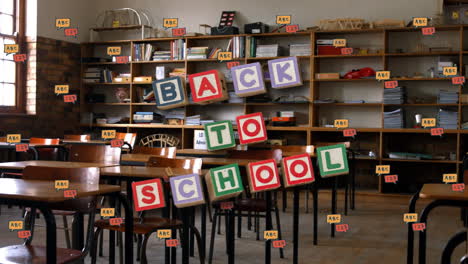 animation of back to school text over school items icons and empty classroom