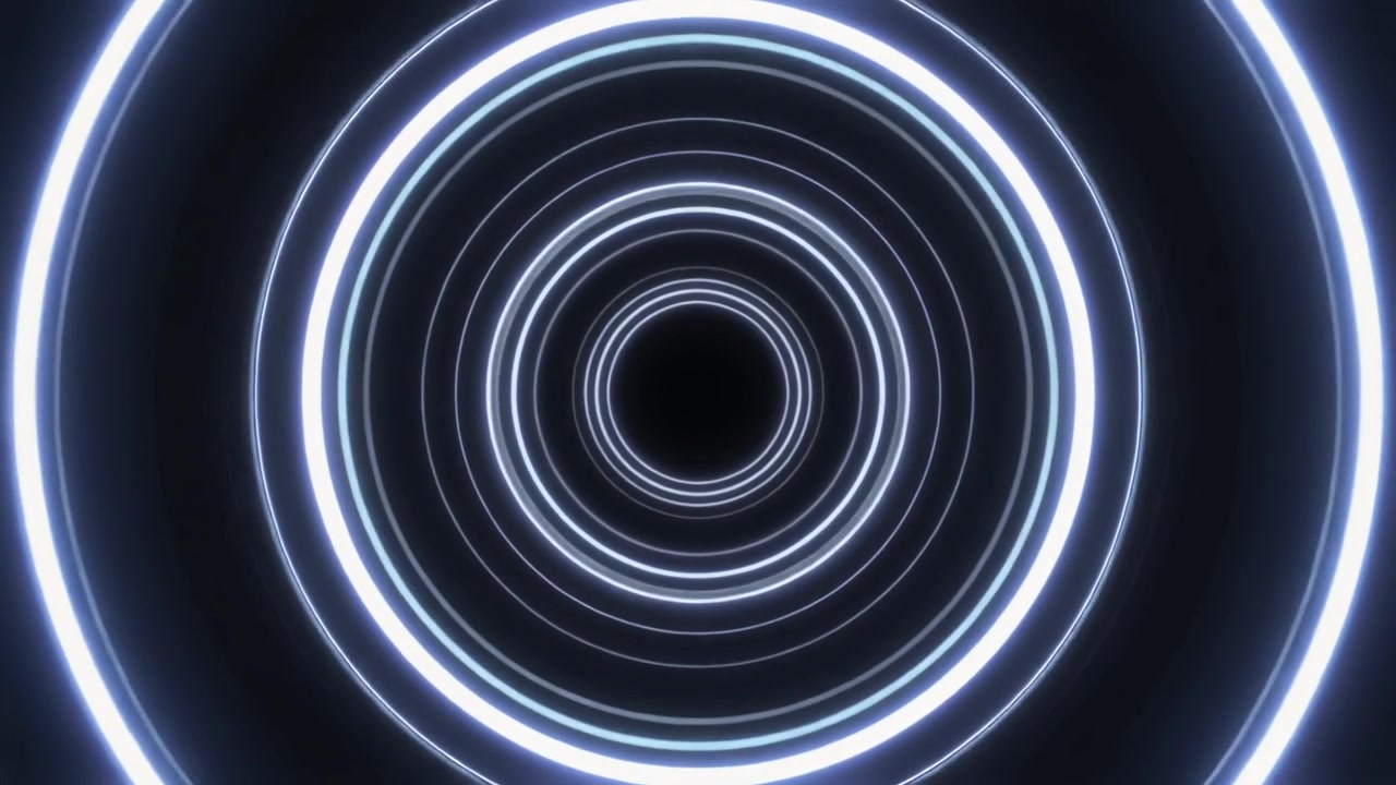 Círculos concêntricos azuis brilhantes abstratos expandindo-se no espaço escuro.