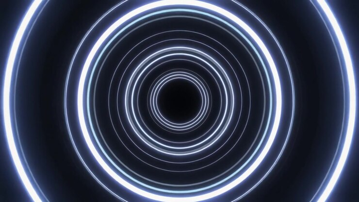 Círculos concêntricos azuis brilhantes abstratos expandindo-se no espaço escuro.