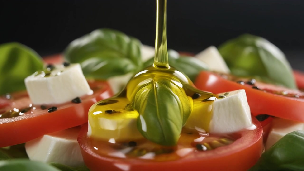 Olio d'oliva versato su insalata Caprese fresca con pomodoro e mozzarella
