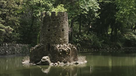 castle tower remains surrounded by water and dense forest, handheld view