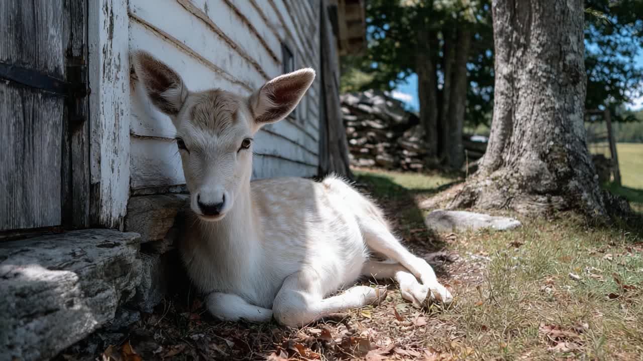 Un cerbiatto che si rilassa e si muove in modo naturale vicino a una baita rustica sotto la luce del sole in un ambiente naturale sereno