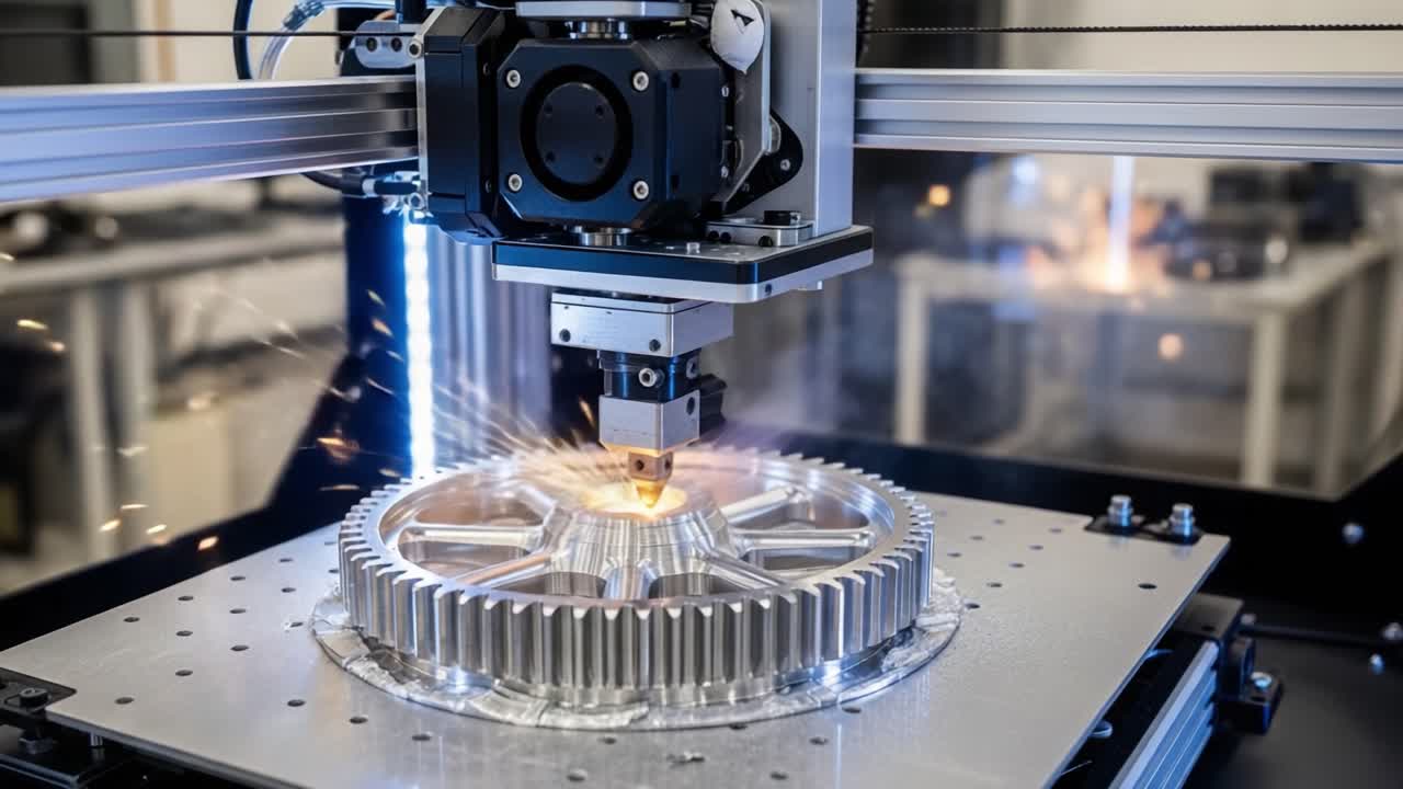 Precision Laser Processing of a Metal Gear: A Close-Up on Advanced Manufacturing Techniques in Action with Sparks and Intricate Machining Features