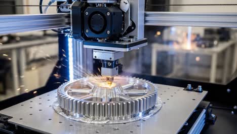 precision laser processing of a metal gear: a close-up on advanced manufacturing techniques in action with sparks and intricate machining features