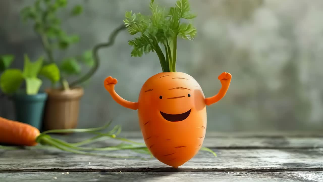 행복한 얼굴과 팔을 높이 들고 있는 당근