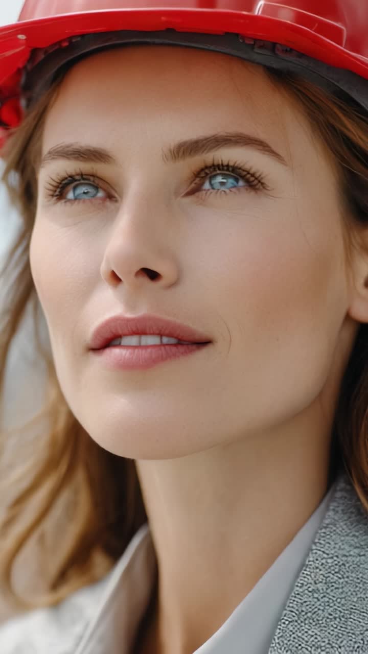 A determined woman in a hard hat gazes confidently into the distance, embodying strength and professionalism in a construction or engineering environment