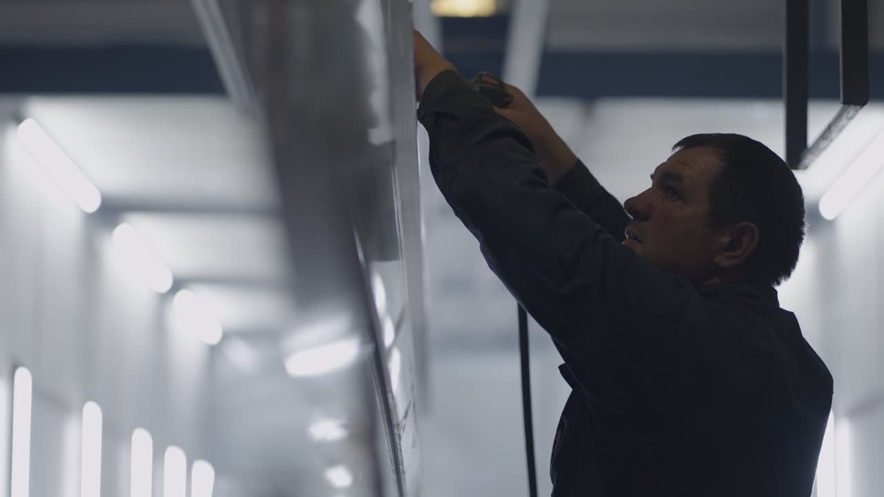 una cámara de primer plano monitorea el molar de trabajo en el taller de pintura de la fábrica preparándose para la pintura. soplando desde el compresor del polvo y la suciedad. cámara lenta