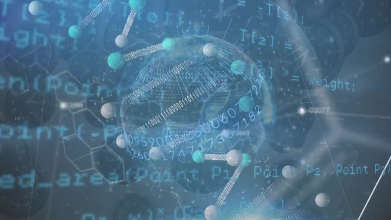 파란색 배경에 아이콘과 데이터 처리를 가진 연결 네트워크의 애니메이션